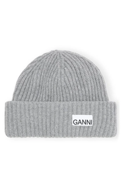 Ganni Structured Rib Wool Blend Beanie In Melange