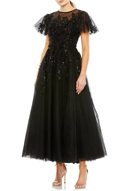 Mac Duggal Embellished Flutter Sleeve Bow Waist A Line Dress In Black