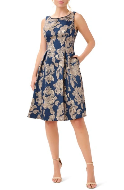 Adrianna Papell Women's Printed Jacquard Embellished-neck Dress In Navy Multi