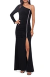 Xscape One-shoulder Rhinestone Trim Gown In Black Silver