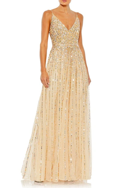 Mac Duggal Gradient Sequin A-line Gown In Beige