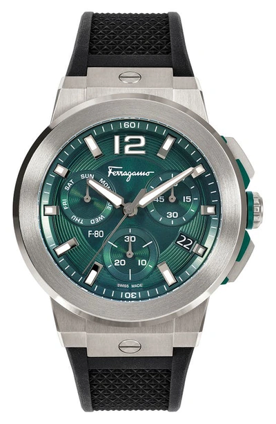 Ferragamo Men's Swiss Chronograph F-80 Black Silicone Strap Watch 44mm In Grey/black/green