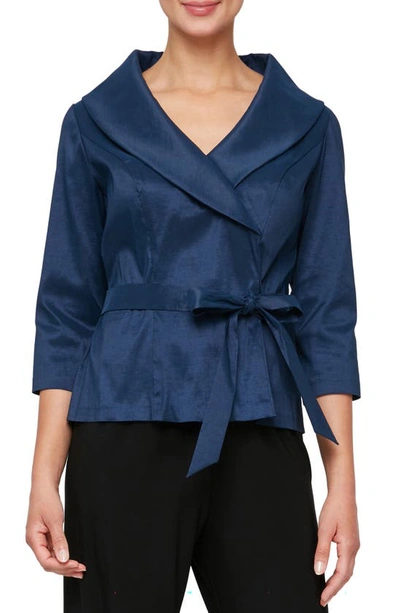 Alex Evenings Brushed Satin Tie Waist Blouse In Dark Navy