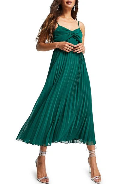 Asos Design Twist Front Pleated Cami Midi Dress With Belt In Forest Green