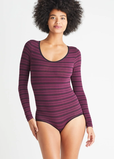 Yummie Striped Tummy Control Bodysuit In Potent Purple/black Stripe