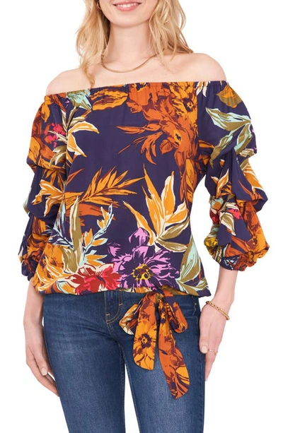 Vince Camuto Women's Printed Off-the-shoulder Bubble-sleeve Challis Blouse In Classic Navy