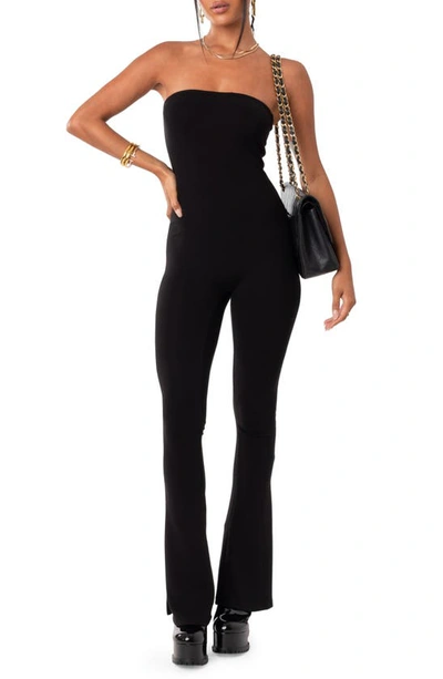 Edikted Melina Side Slit Strapless Flare Jumpsuit In Black