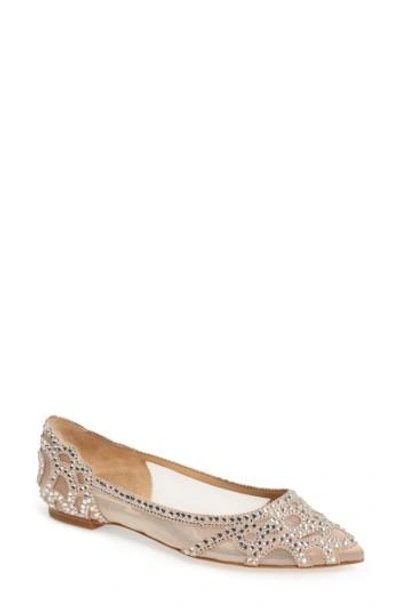 Badgley Mischka Gigi Crystal Pointed Toe Flat In Latte Suede