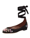 TABITHA SIMMONS DARIA EMBROIDERED LINEN ANKLE-WRAP FLAT, BLACK PATTERN,PROD125490030