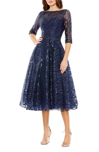 Mac Duggal Sequin Embellished Midi Dress In Navy