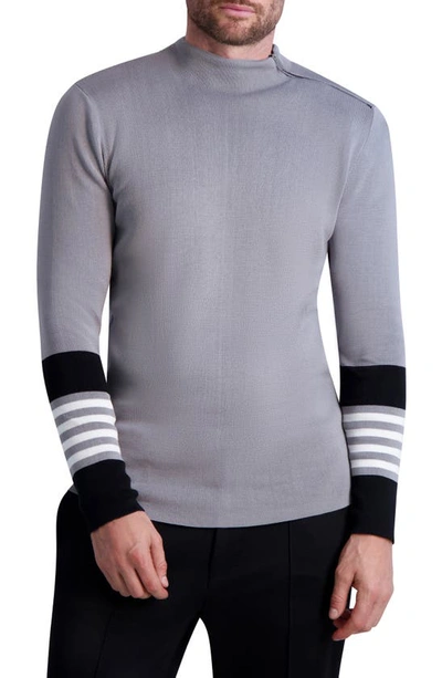 Karl Lagerfeld Color Blocked Slim Fit Shoulder Zip Mock Neck Sweater In Grey/ Black