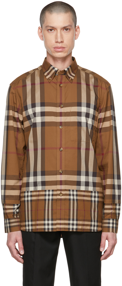 Burberry Stretch Cotton Poplin Shirt With Tartan Pattern In Dark Birch Brown