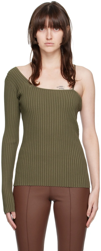 Helmut Lang Green One-shoulder Long Sleeve T-shirt In 307 Juniper