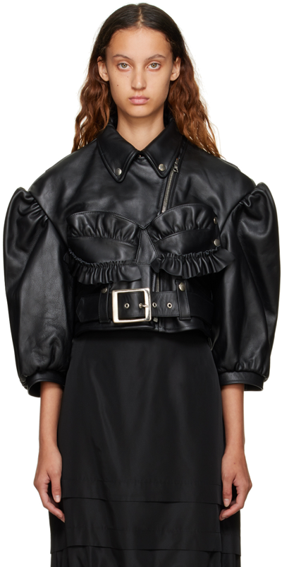 Simone Rocha Ruffle Trim Crop Leather Bustier Biker Jacket In Black