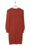 Nina Leonard Pleated Bubble Sleeve Sweater Dress In Rust
