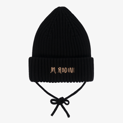 Mini Rodini Babies' Logo-embroidered Ribbed-knit Beanie In Black