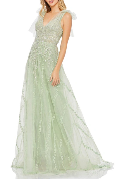 Mac Duggal Beaded Floral Tie Strap A-line Gown In Sage