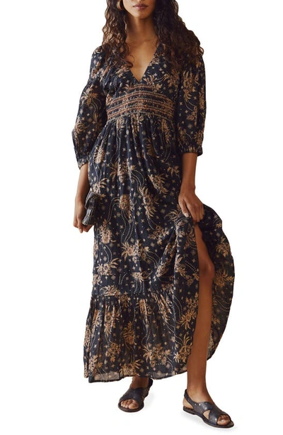 FREE PEOPLE GOLDEN HOUR SMOCKED BODICE COTTON MAXI DRESS 