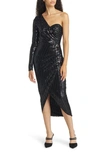 Lulus Elegant Occasion Sequin One-shoulder Long Sleeve Cocktail Dress In Black