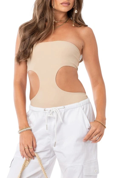Edikted Vivie Rib Strapless Cutout Bodysuit In Beige