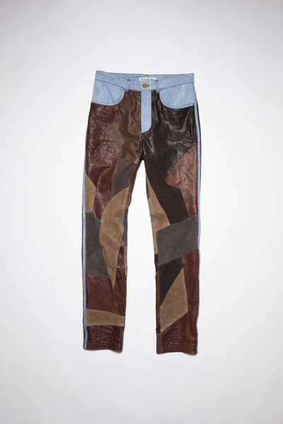 Acne Studios Lyrite Tapered Denim-trimmed Patchwork Leather Trousers In Dark Brown,multi