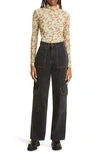 Ganni Printed Mesh Long Sleeve Fitted Rollneck Top In Meadow Celadon Green