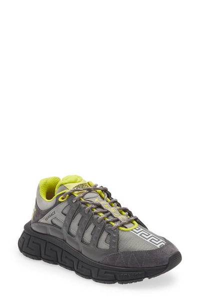 Versace Trigreca Sneakers In Grey Suede And Leather