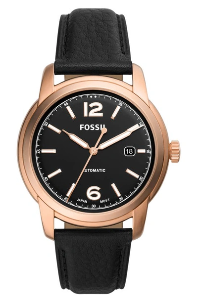 Fossil Heritage Leather Strap Watch, 43mm In Black