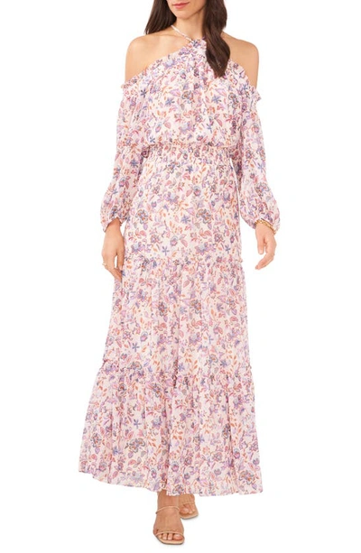 1.state Halter Neck Cold Shoulder Long Sleeve Maxi Dress In Ivory/ Pink