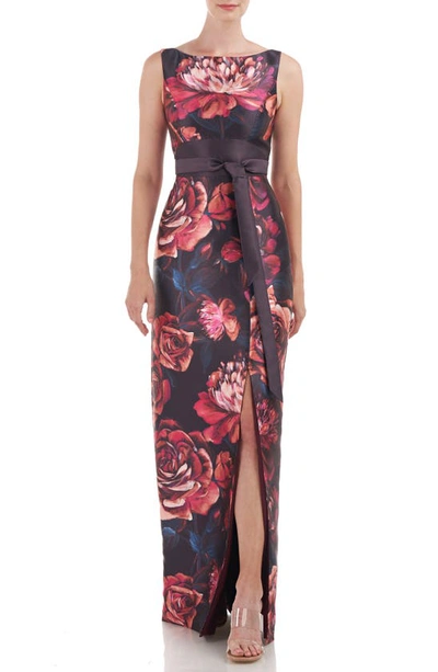 Kay Unger Carina Floral Print Column Gown In Red