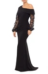 Xscape Petite Off-the-shoulder Floral-sleeve Gown In Black