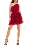 Endless Rose One-shoulder Tiered Minidress In Red