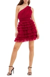 Endless Rose One-shoulder Tiered Minidress In Cherry