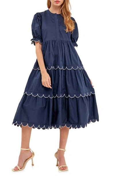 English Factory Contrast Scalloped Trim Cotton Midi Dress In Navy White