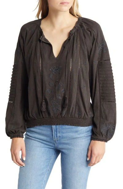 Lucky Brand Embroidered Peasant Blouse In Washed Black