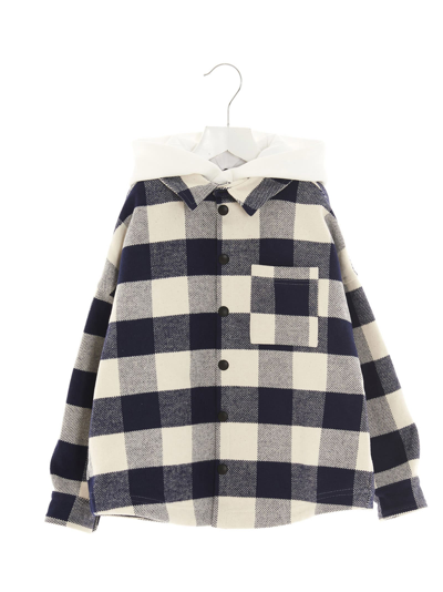Palm Angels Kids Checked Hooded Cotton Overshirt In Navy/cream