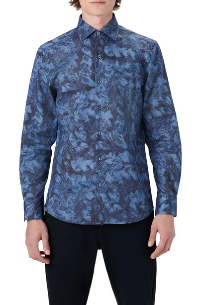 Bugatchi Shaped Fit Abstract Print Stretch Cotton Button-up Shirt In Indigo