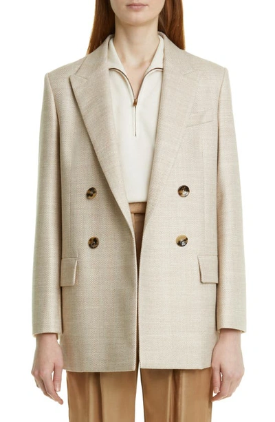 Agnona Herringbone Double Breasted Wool & Silk Blazer In Beige