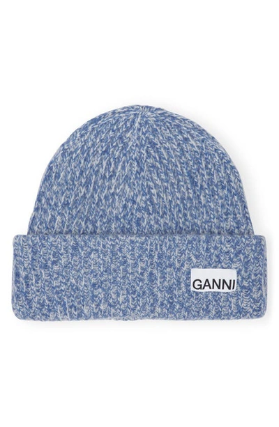 Ganni Structured Rib Wool Blend Beanie In Blue