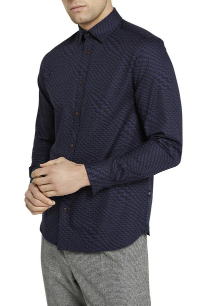 Ted Baker Lawford Graphic-print Cotton-poplin Shirt In Navy