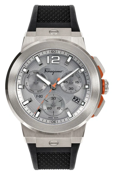 Ferragamo Men's Swiss Chronograph F-80 Black Silicone Strap Watch 44mm In Silver