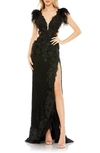 Mac Duggal Feather Floral Lace Sheath Gown In Black