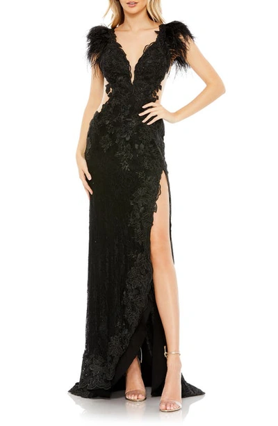 Mac Duggal Feather Floral Lace Sheath Gown In Black