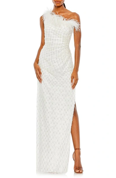 Mac Duggal One-shoulder Floral Sequin Feather Trim Sheath Gown In White