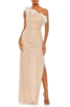 Mac Duggal One-shoulder Floral Sequin Feather Trim Sheath Gown In Rose