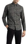 Soft Cloth Cotton Button-up Shirt In Black Stencil Leaf Print