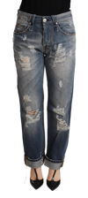 ACHT ACHT BLUE TATTERED MID WAIST STRAIGHT DENIM WOMEN'S TROUSER