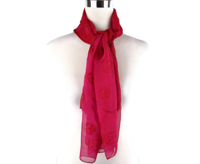 Alexander Mcqueen Women's Pink / Red Silk Chiffon Skull Print Scarf 345016 6572