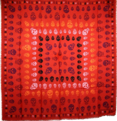 Alexander Mcqueen Women's Red Modal / Wool Multiskull Box Print Shawl Scarf 496827 6470