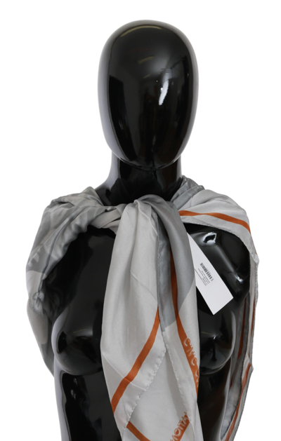 Costume National Grey Orange Silk Floral Foulard Wrap Scarf